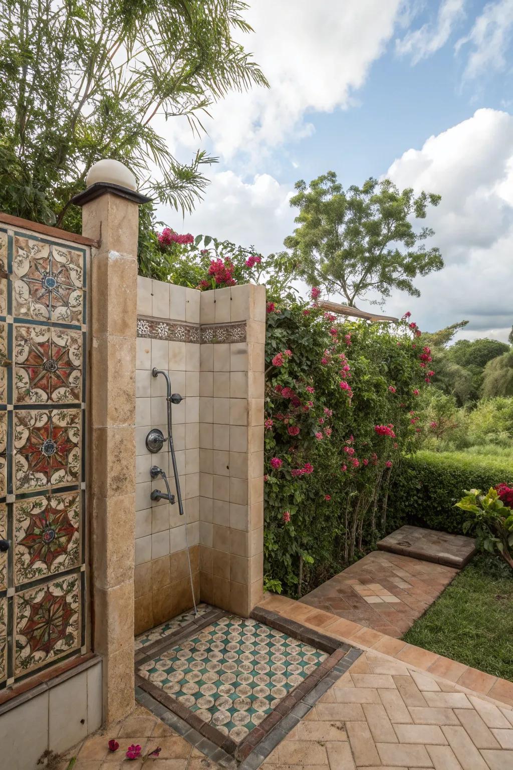 A stylish outdoor shower with a decorative tile privacy wall.