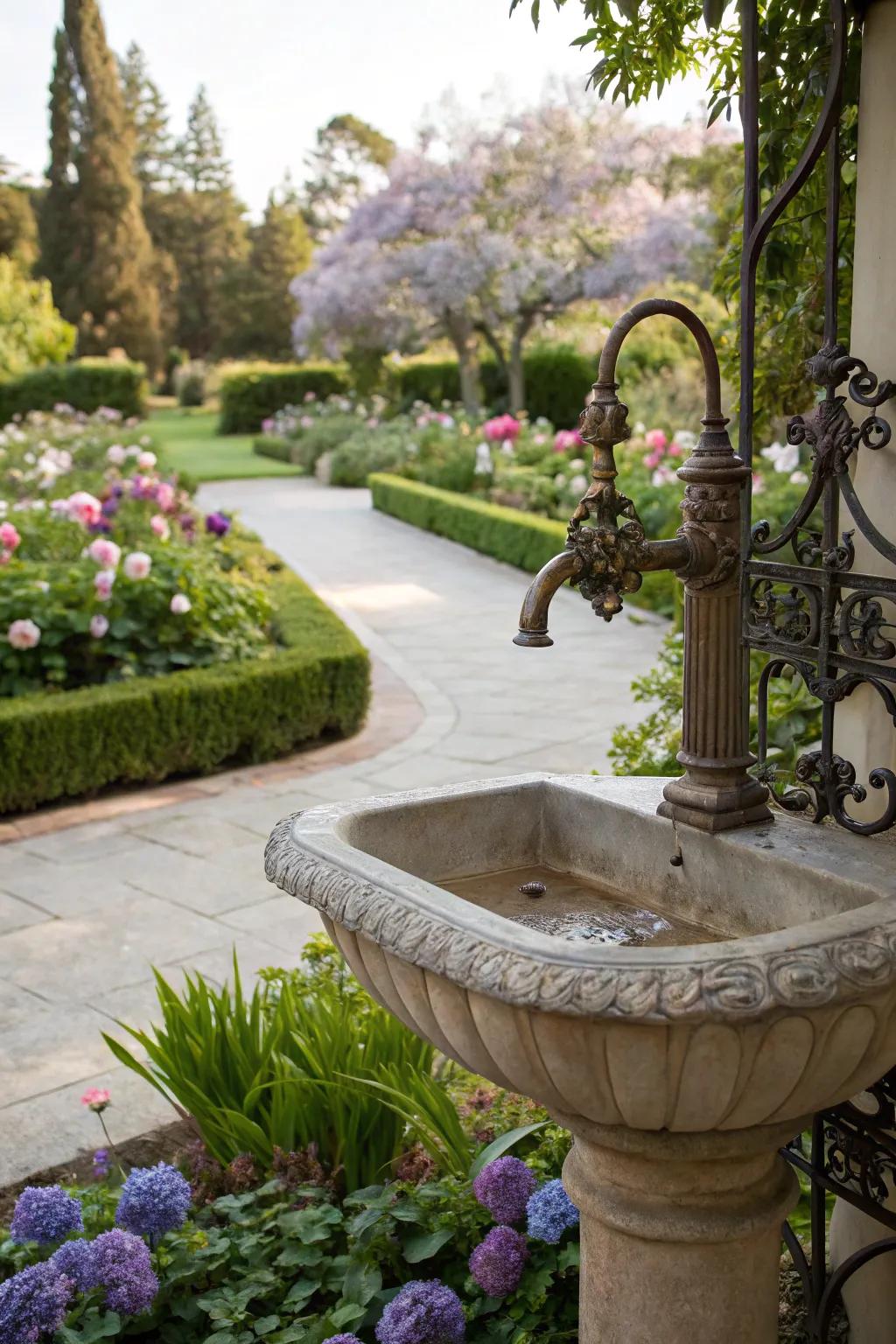 An outdoor sink with a decorative faucet, adding flair to the garden.