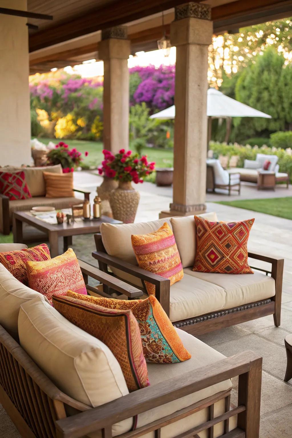 Colorful cushions adding vibrancy to outdoor seating.