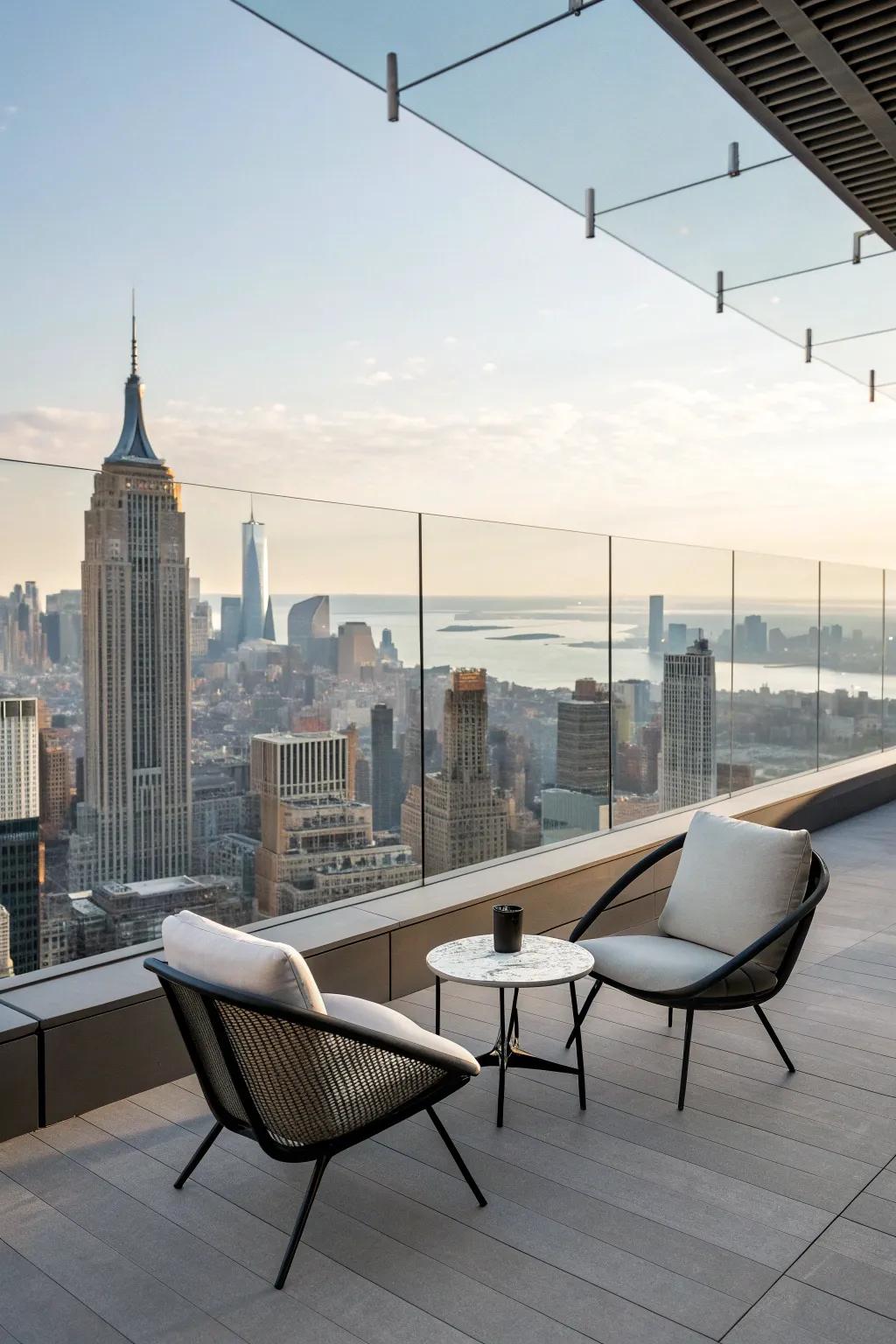 A serene rooftop retreat with minimalist seating and stunning city views.