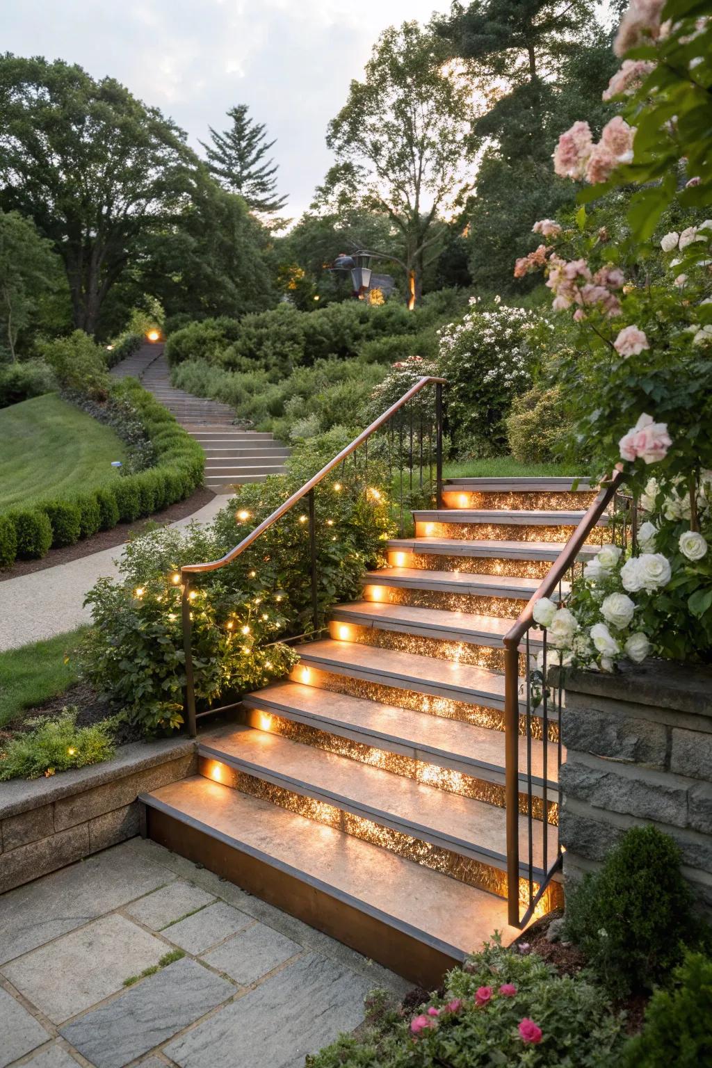 Metallic accents bring a glamorous touch to outdoor stair risers.