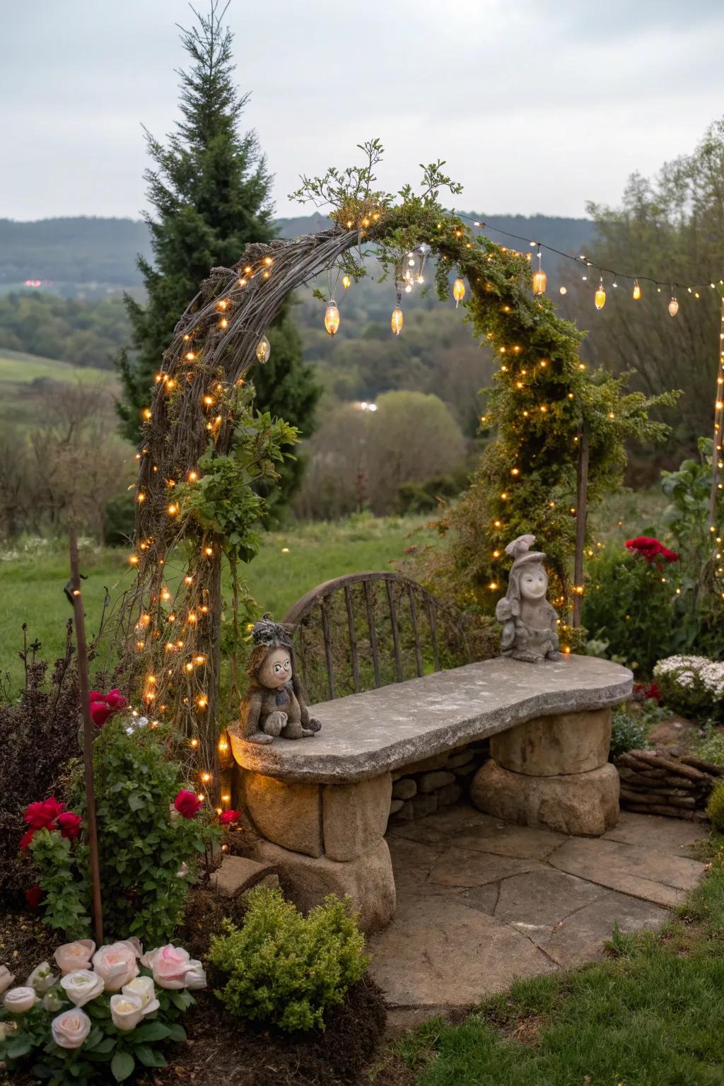 A whimsical garden nook with a stone bench and fairy lights.