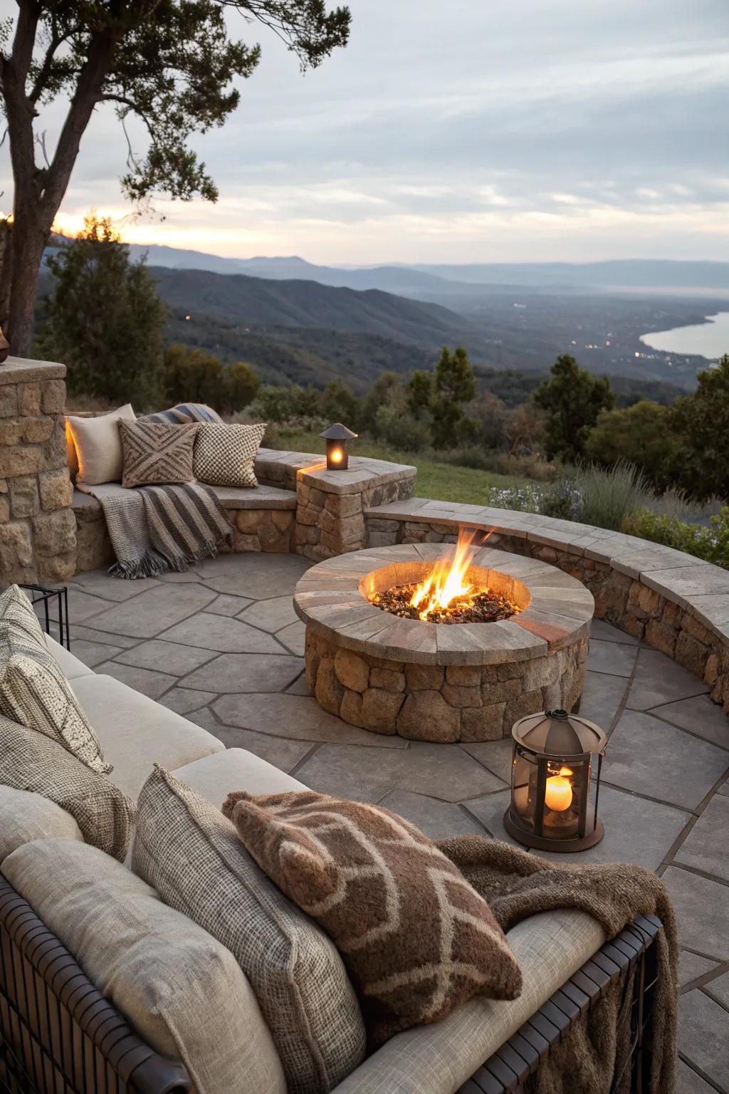 A stone fire pit perfectly positioned to capture breathtaking views.