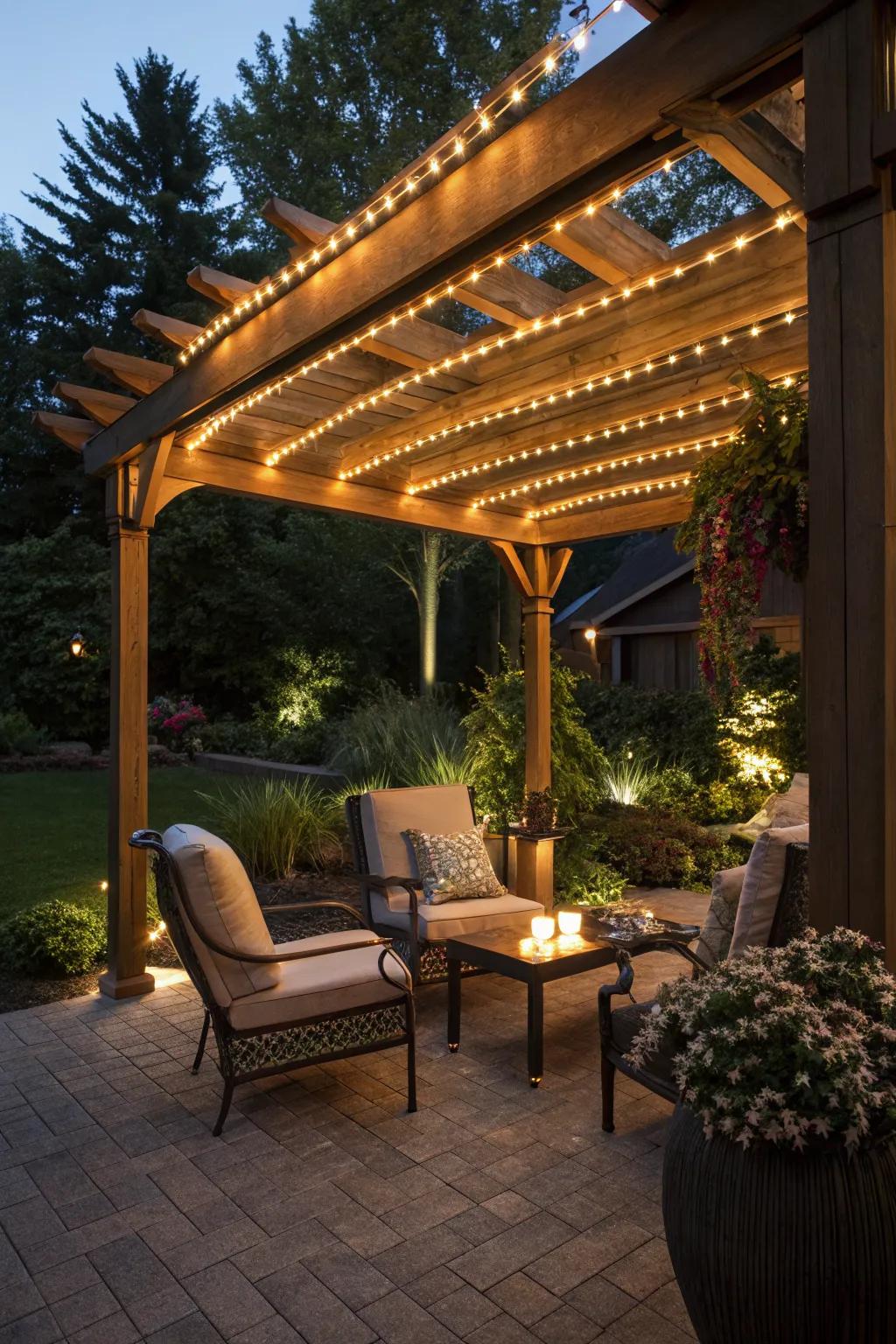 Pergola strip lighting creates a magical dining atmosphere.