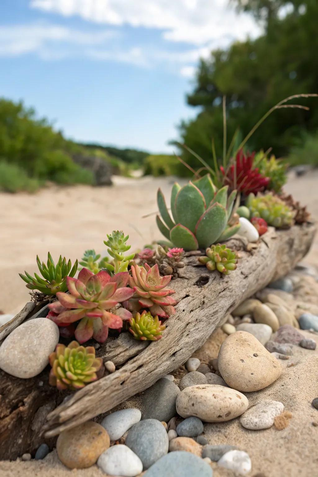 An earthy succulent display combining driftwood and vibrant plants.