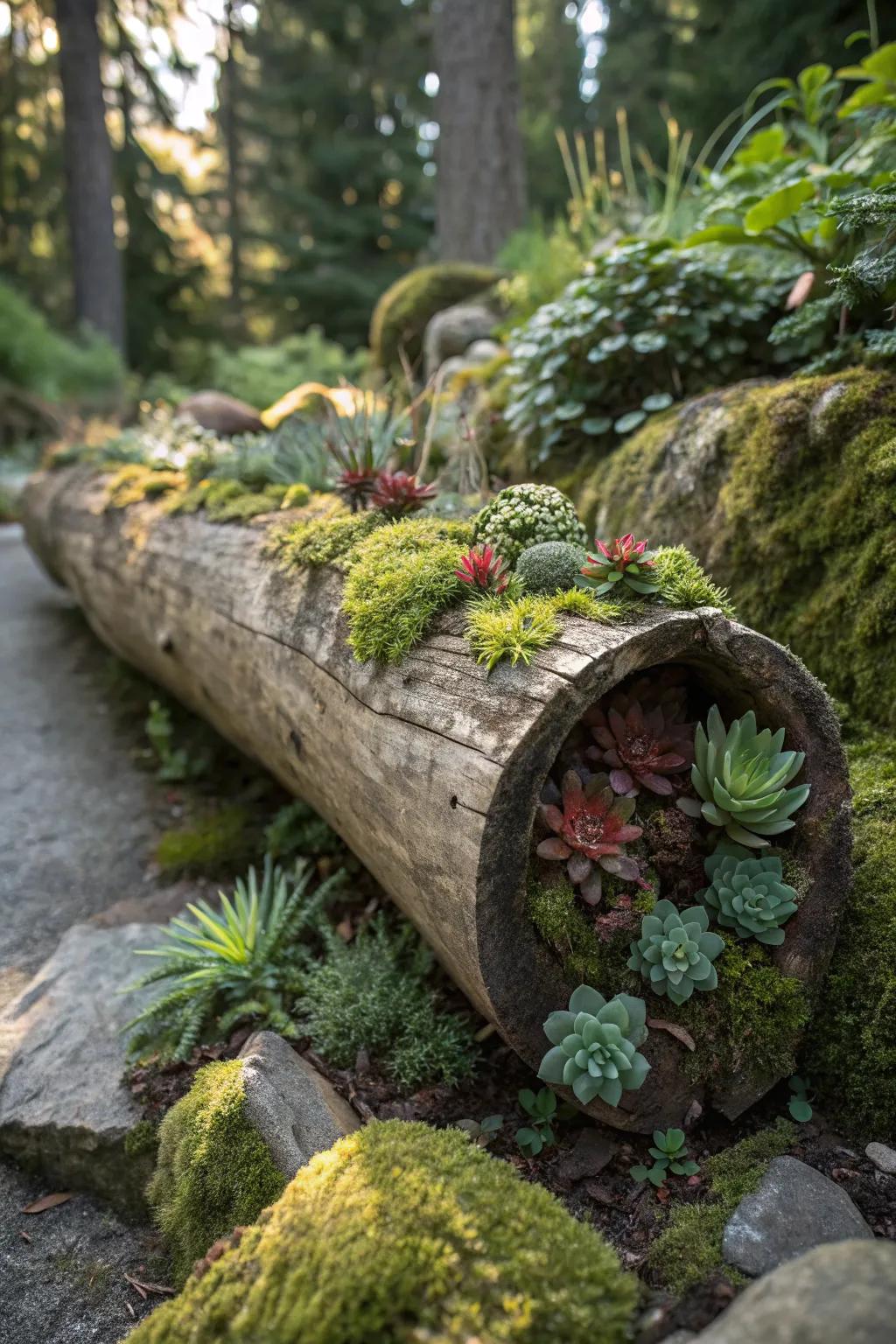 Log planters create a natural and rustic setting for succulents.