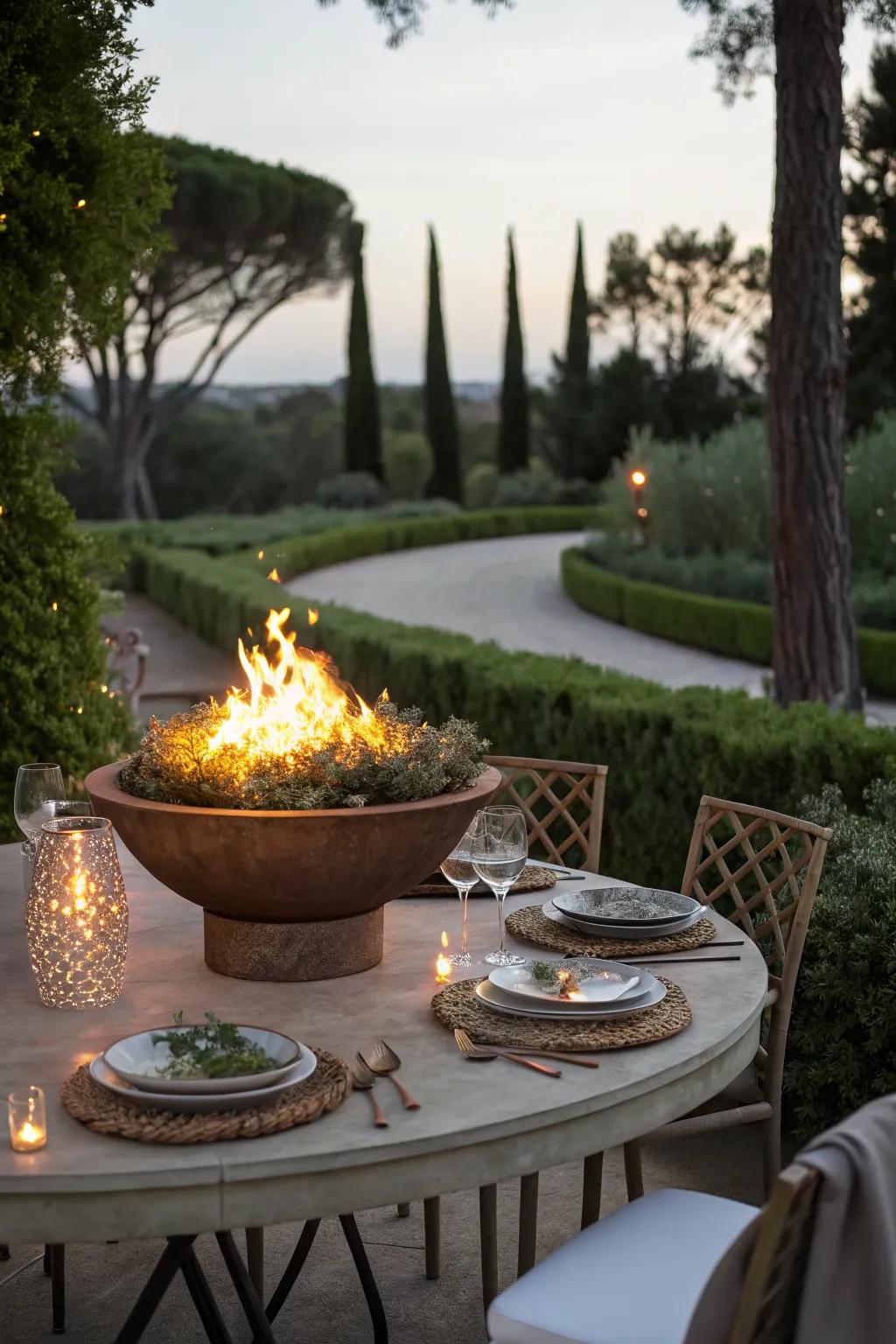 Tabletop fire bowls add warmth and elegance to outdoor dining.