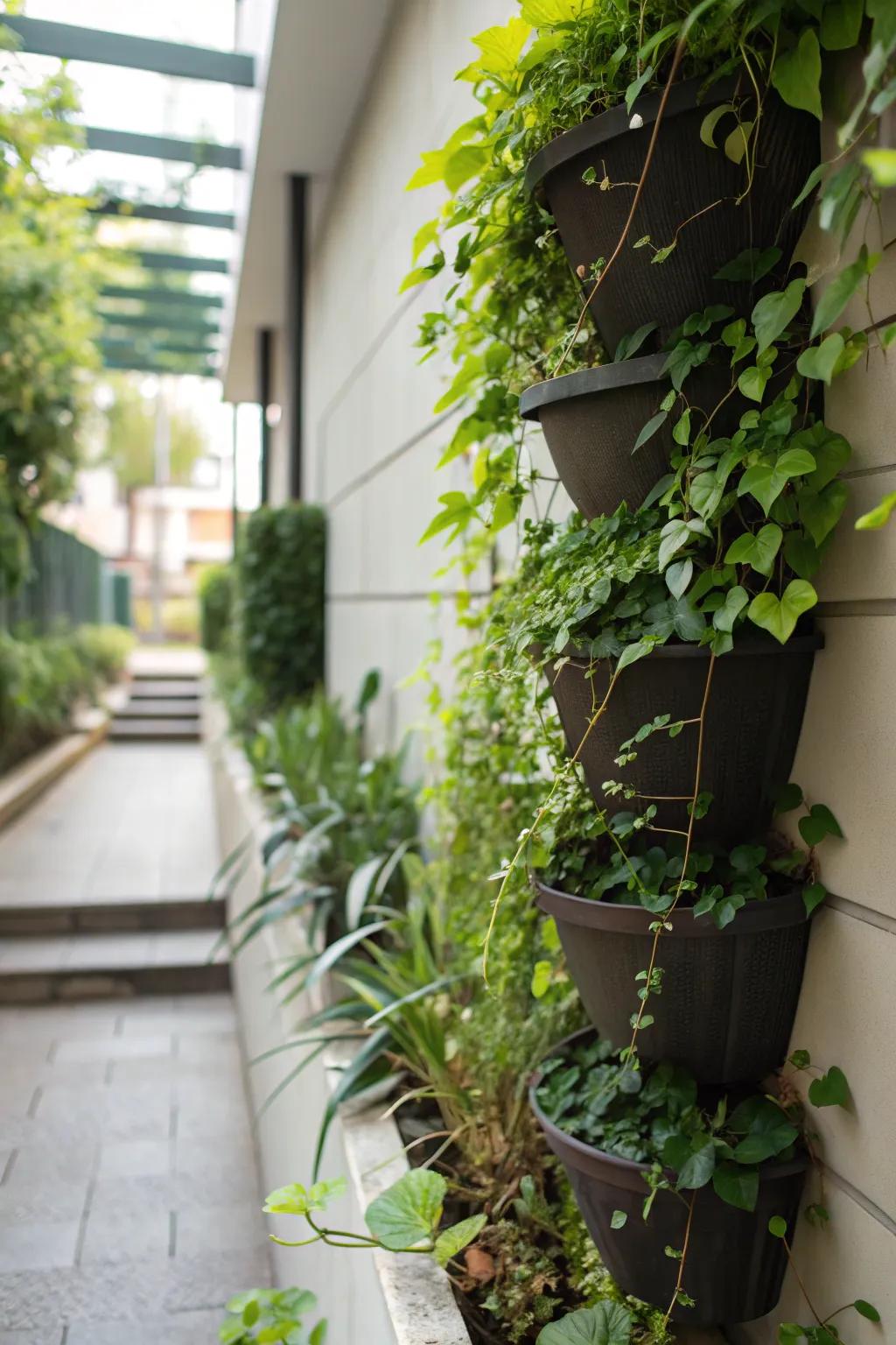 Eco-friendly privacy with lush vertical planters.