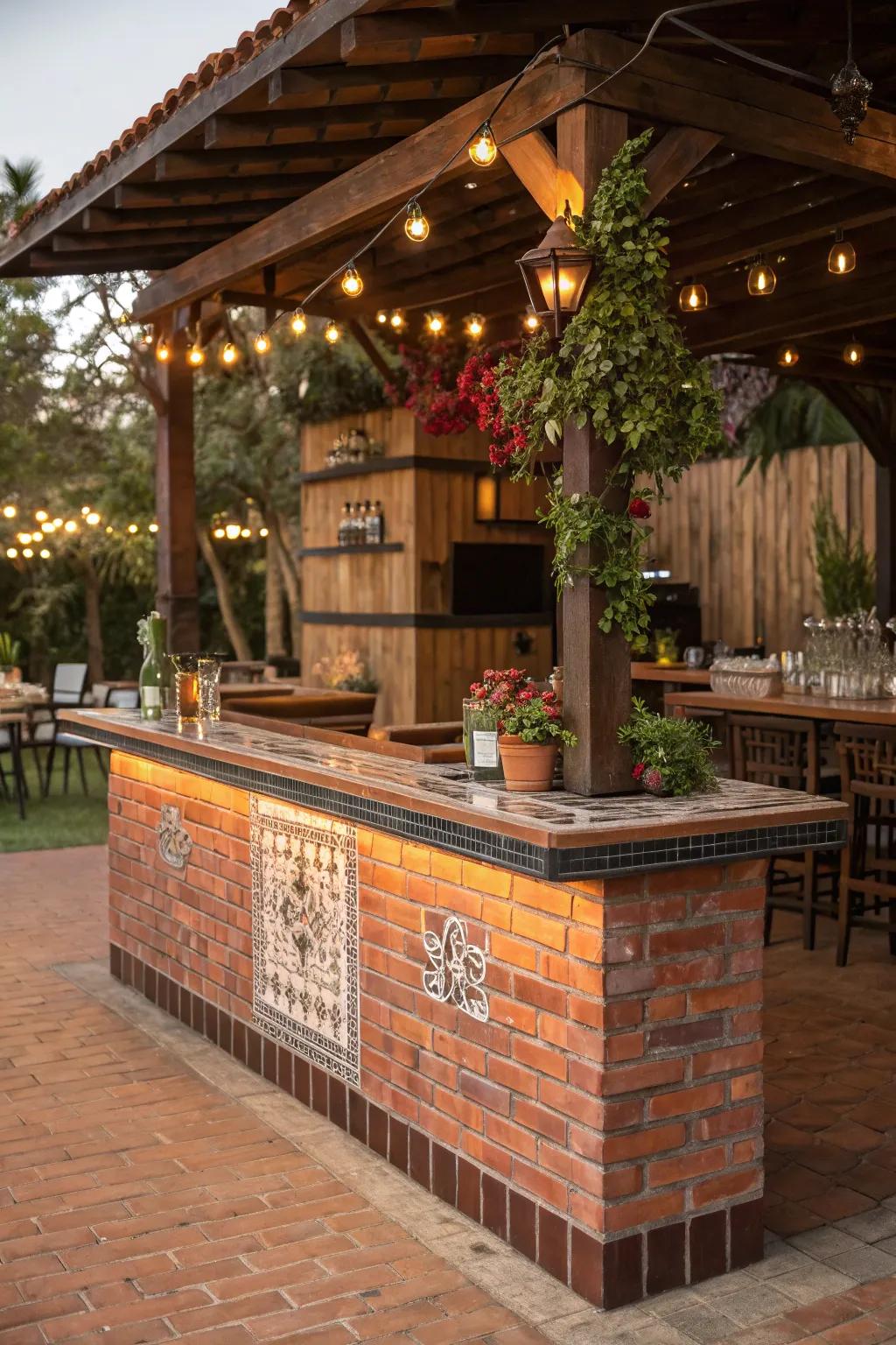 An artisanal glazed brick tile bar top for a rustic charm