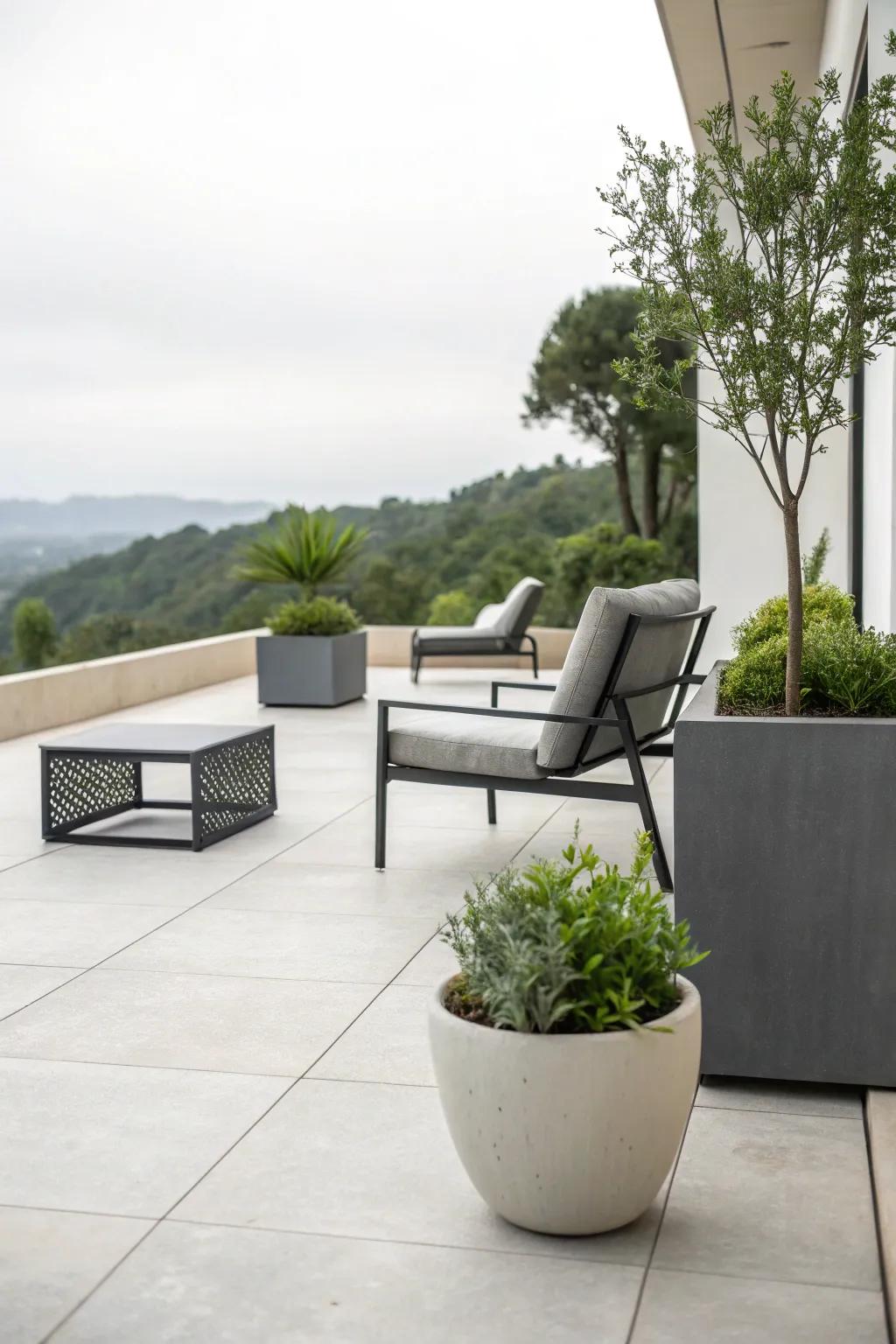 Cement-look tiles offer a cool, industrial chic to outdoor spaces.