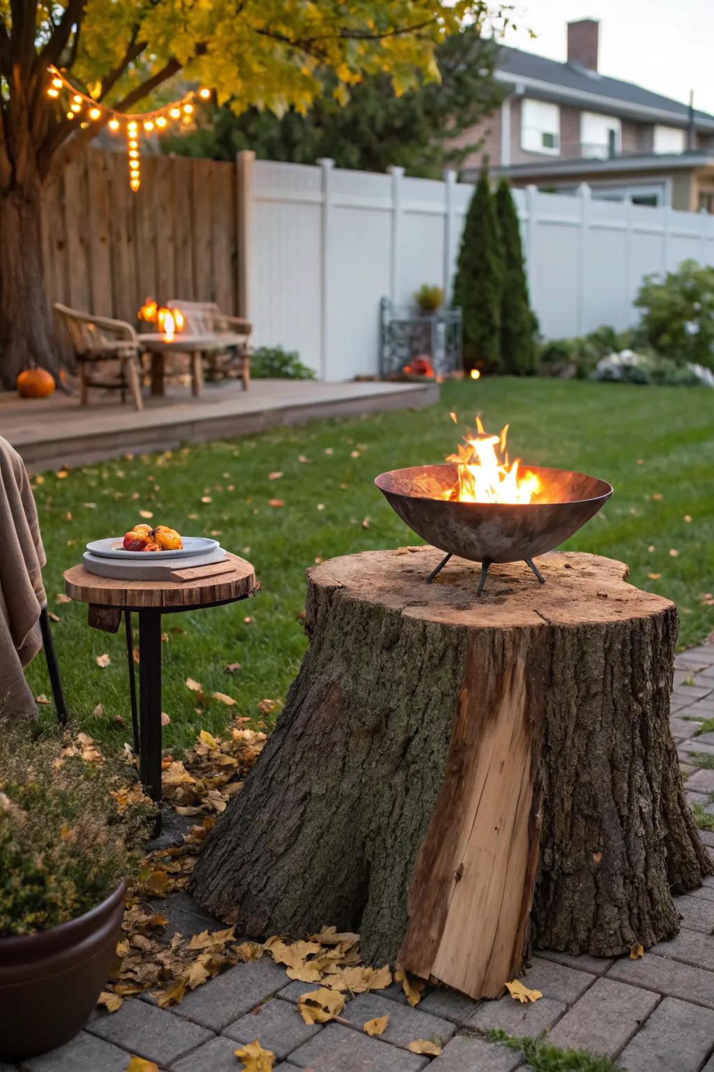 A rustic tree stump table paired with a fire pit for cozy nights.