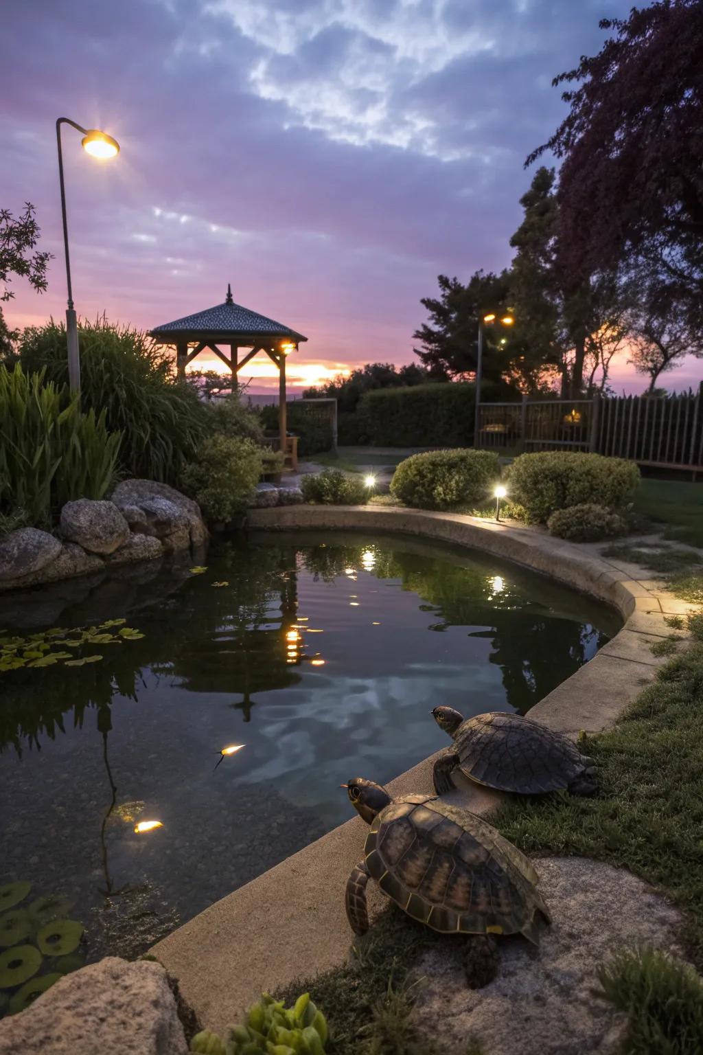 Solar-powered lighting adds a magical glow to the turtle pond.