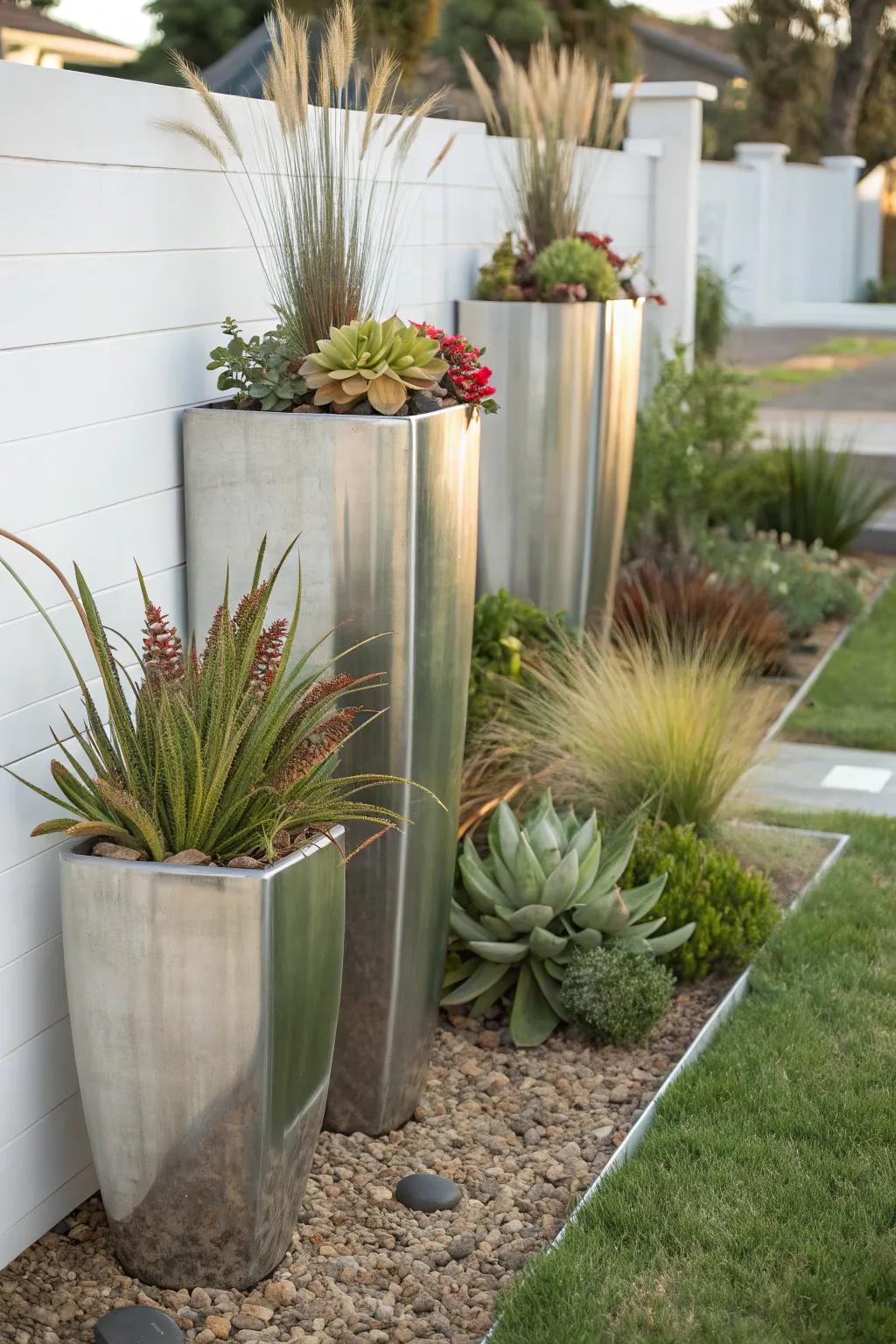 Metallic vases bringing a contemporary feel to the garden.