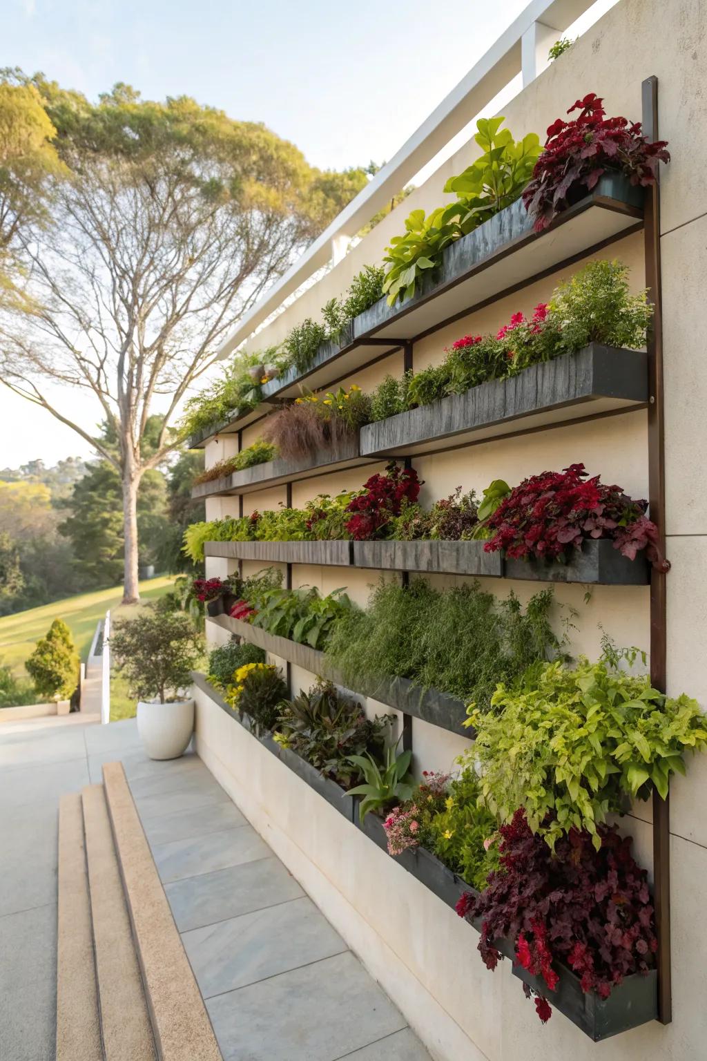 Tiered plant display adds dimension to outdoor walls.