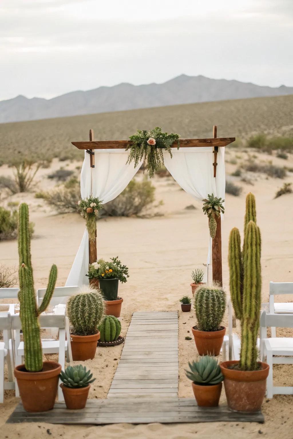 Cacti and succulents add a modern edge to the altar.