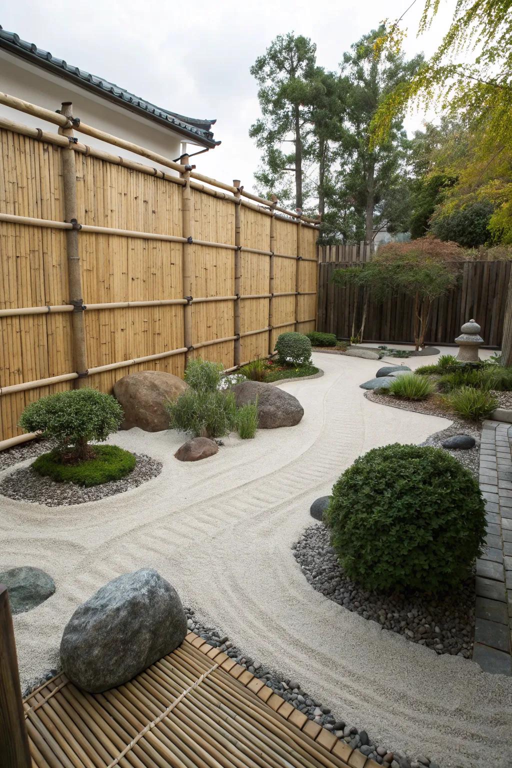Bamboo fencing defines and enhances privacy in the zen garden