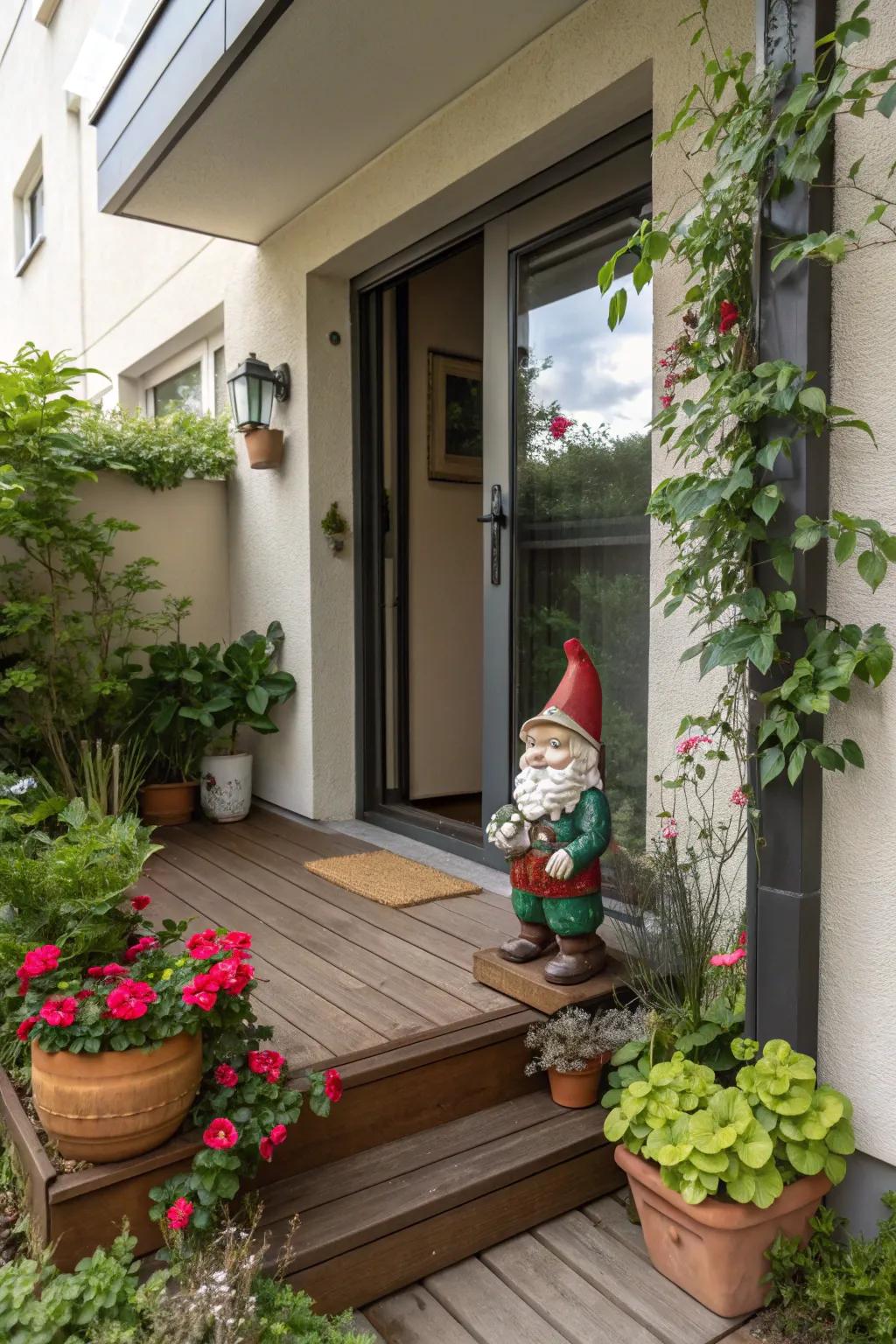 Unexpected elements like garden gnomes add whimsy.