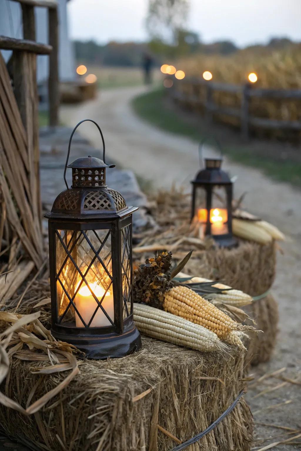 Lanterns on corn stalk bases lighting up a garden path.