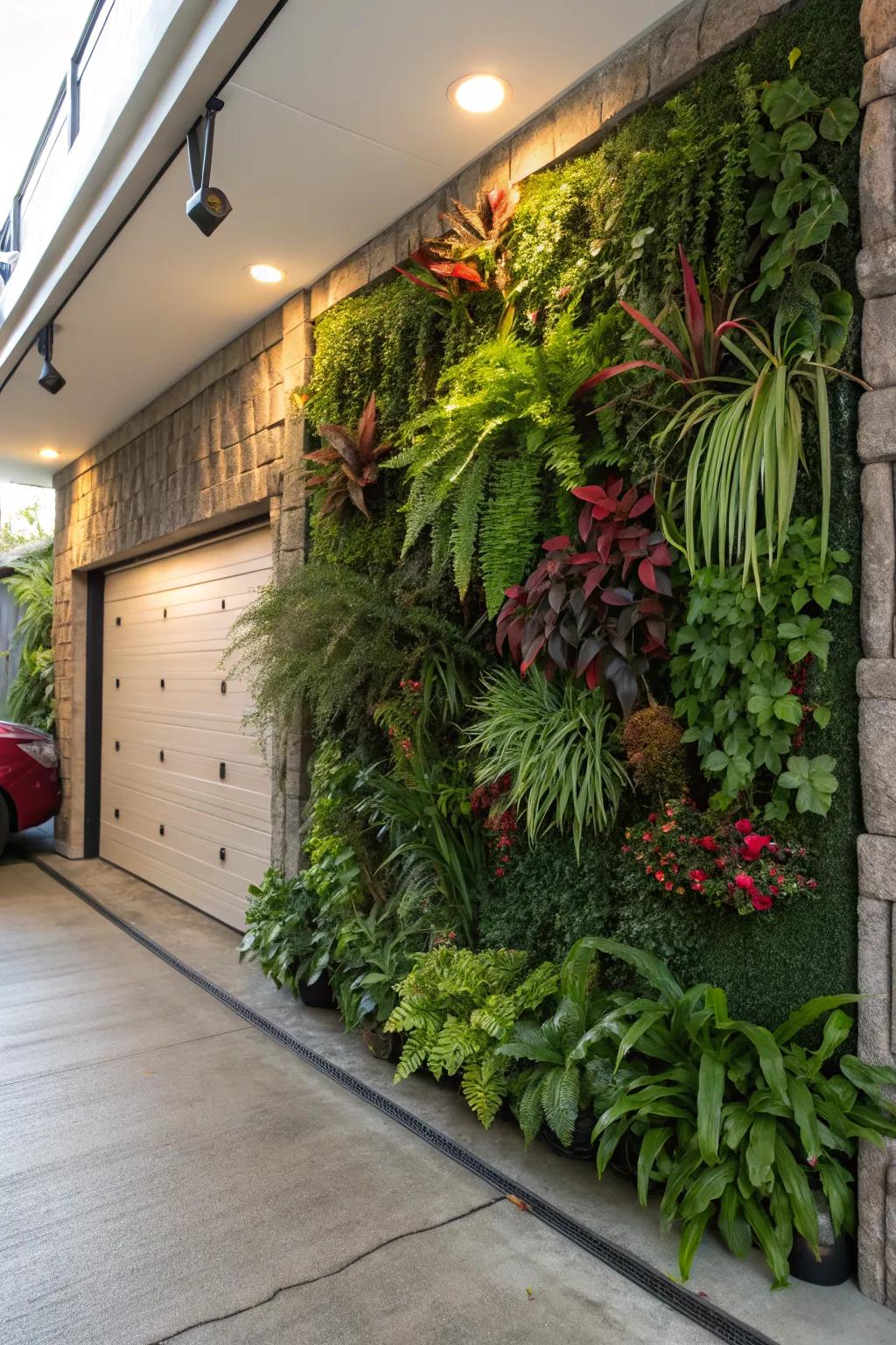 A vertical garden brings lush greenery to your garage wall.