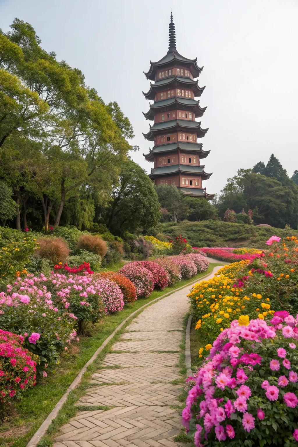 A tall pagoda structure stands out, adding height and elegance to the garden.