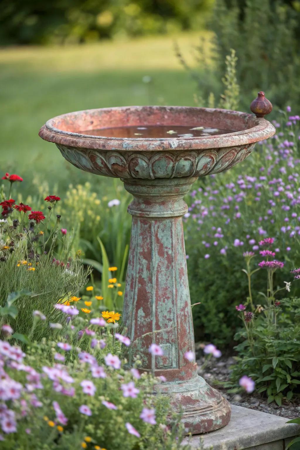Rustic charm adds warmth and character to this bird bath.