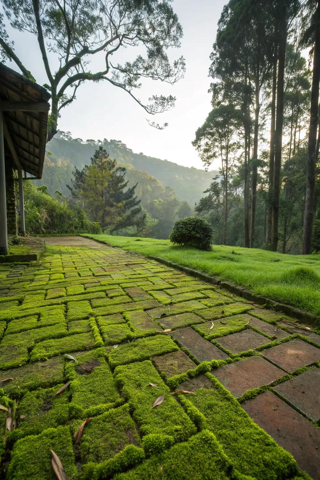 Mossy greens create a serene and nature-inspired patio.