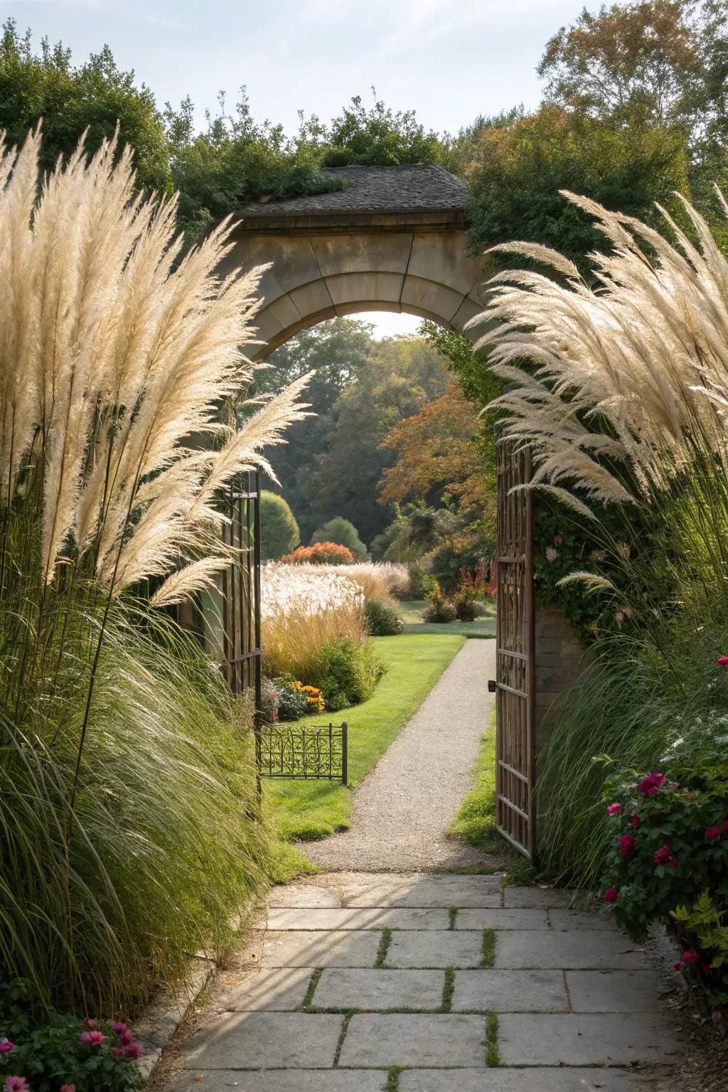 Pampas grass frames garden entrances beautifully.
