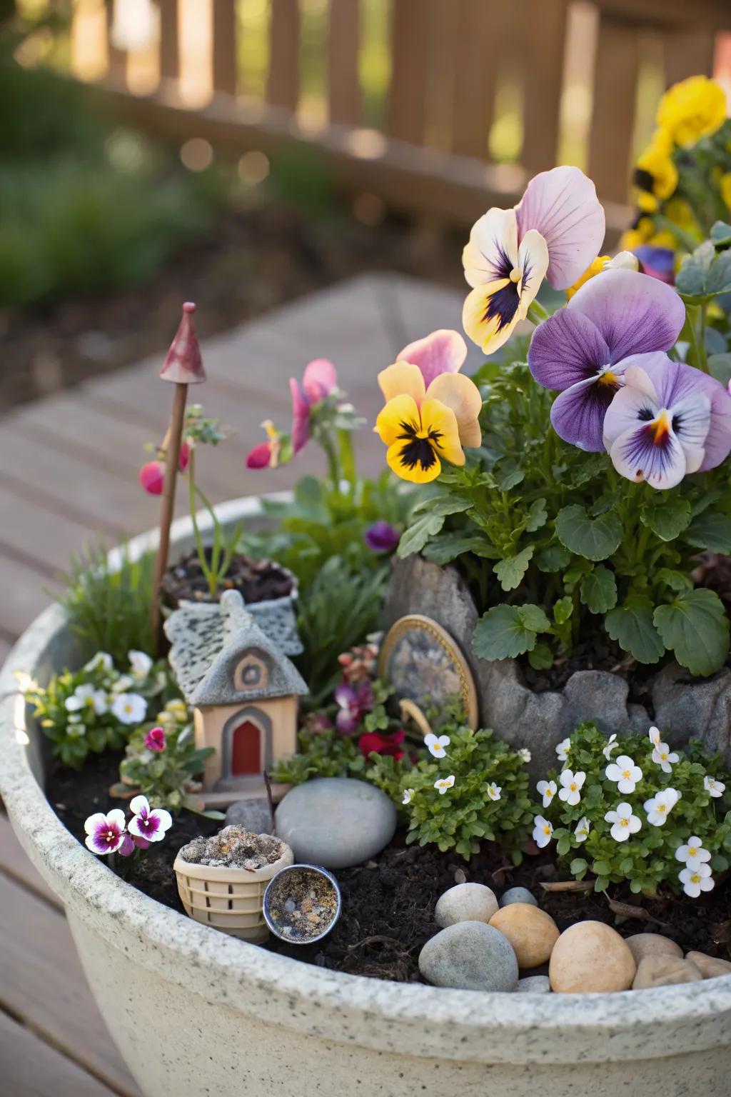 Pansies bring a whimsical touch to fairy gardens.