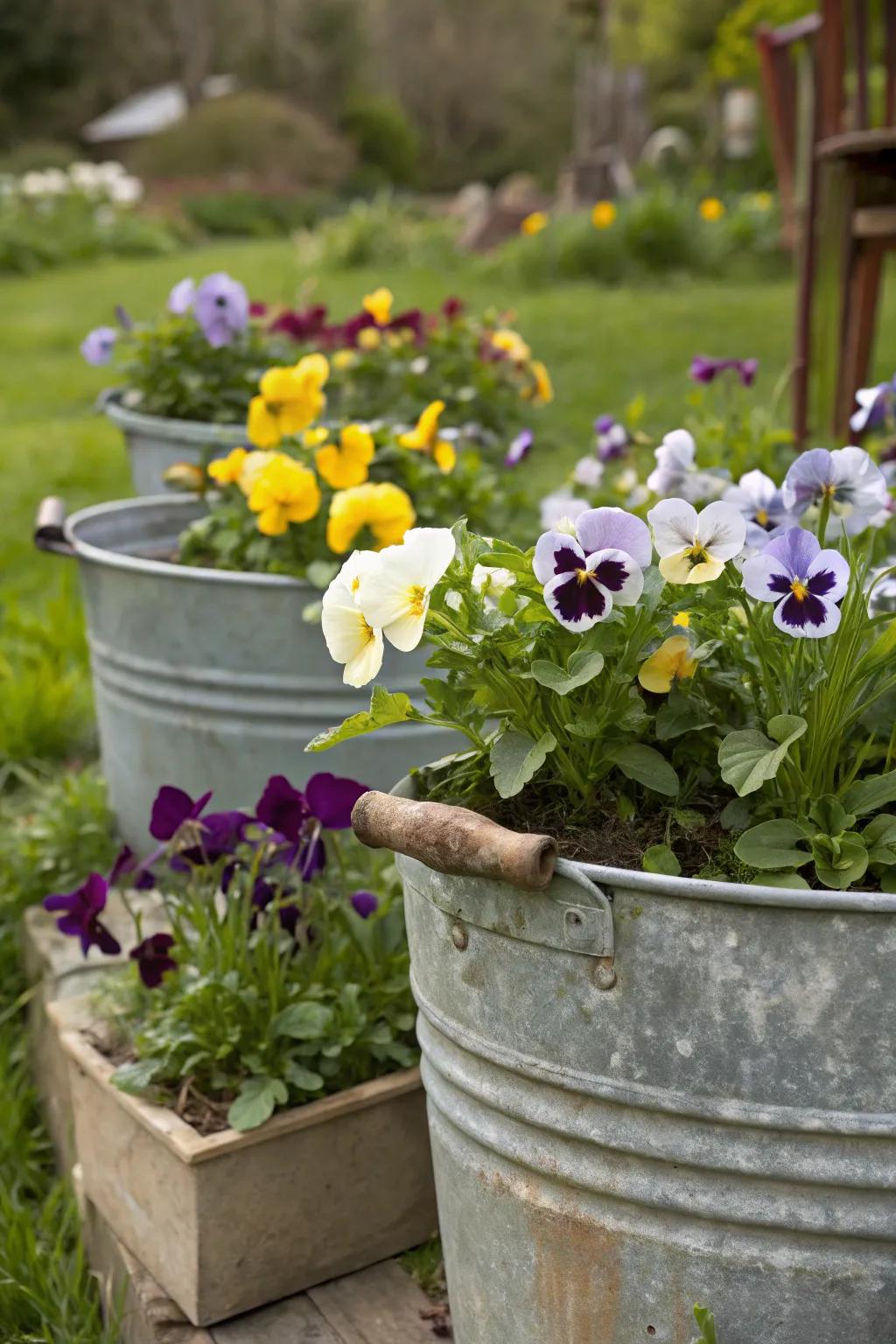 Rustic charm with pansies in vintage metal buckets.