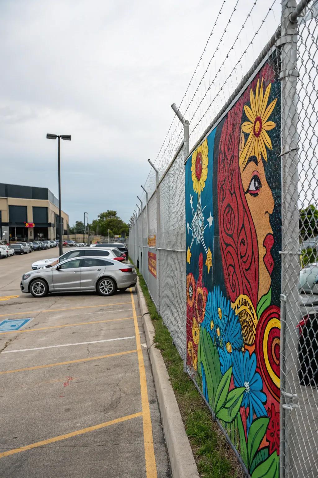 Artistic murals bring life and color to parking lot fences.