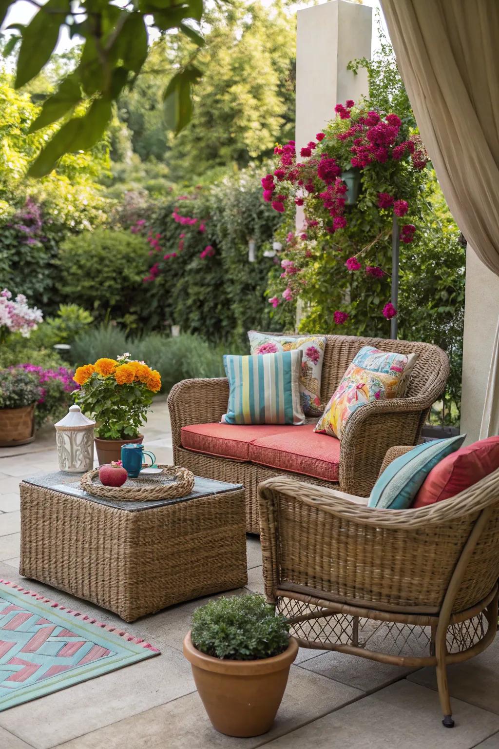 Wicker furniture adds warmth and comfort to your patio.