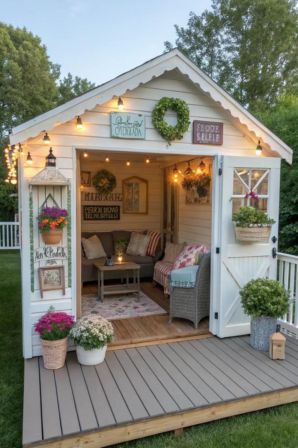 A she shed offers a unique and cozy corner for guests.