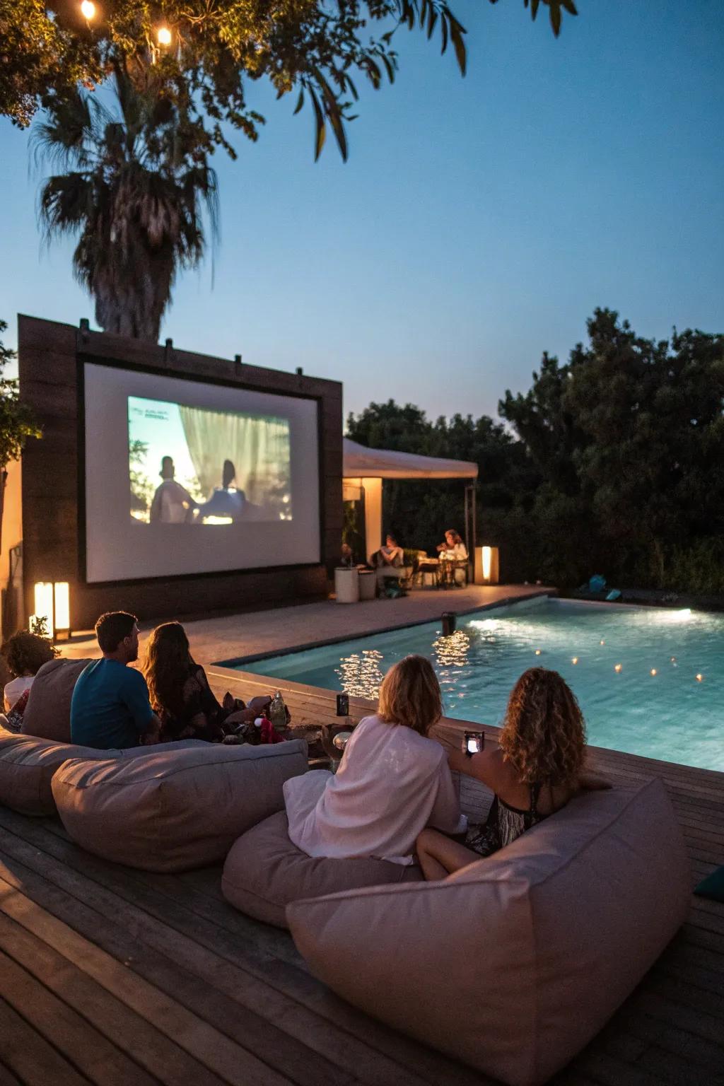 An outdoor movie night adds a cinematic touch to poolside fun.