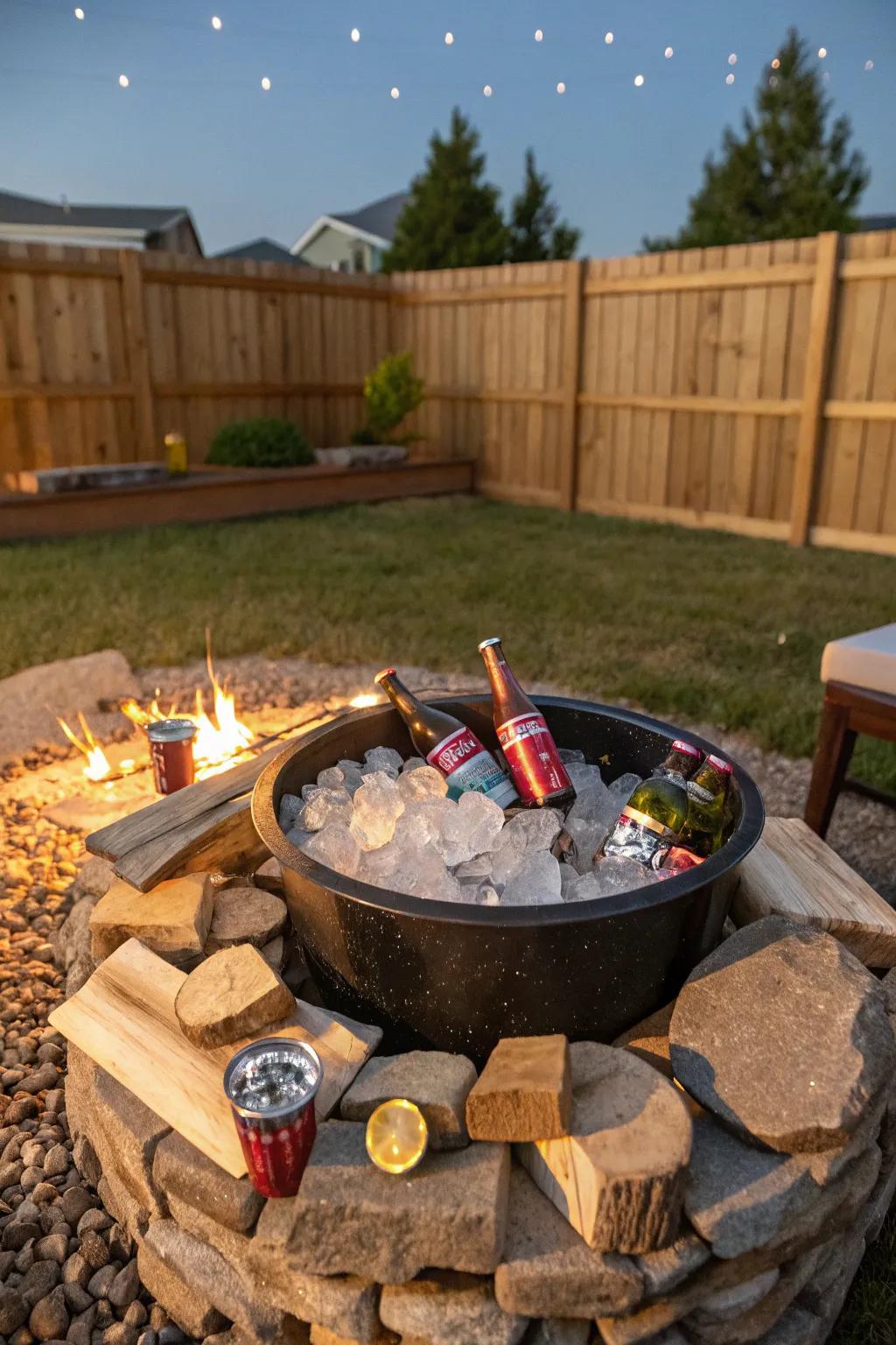 An outdoor fire pit cooler innovatively keeping drinks chilled.