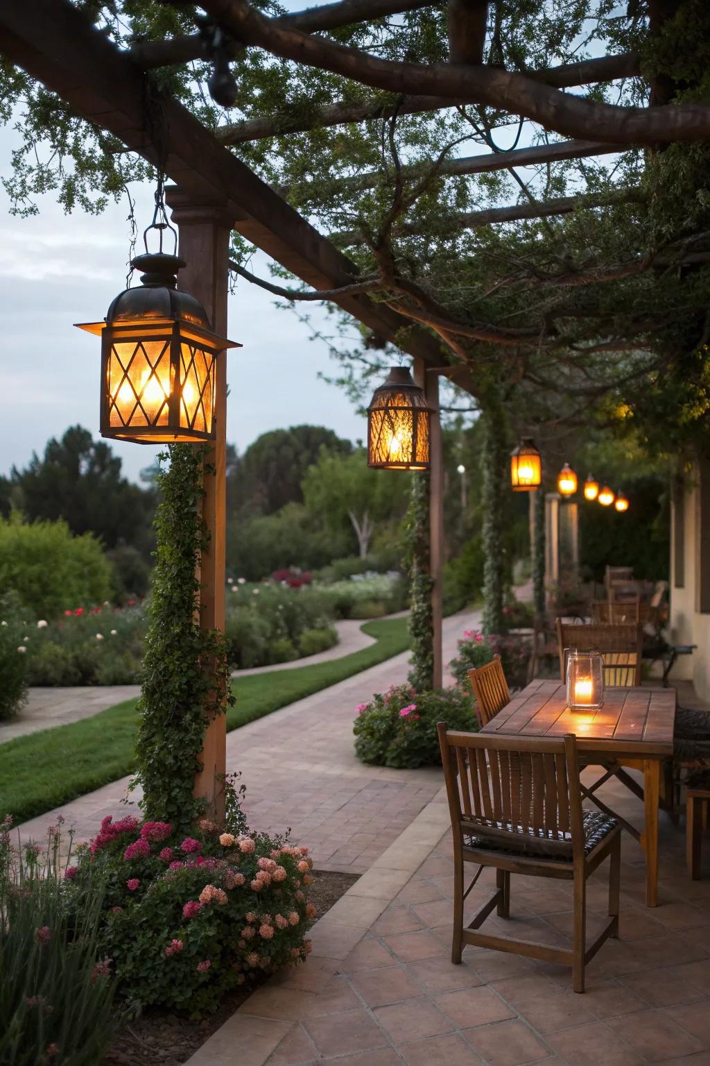 A patio with lantern-lit pathways, creating a magical and inviting atmosphere.