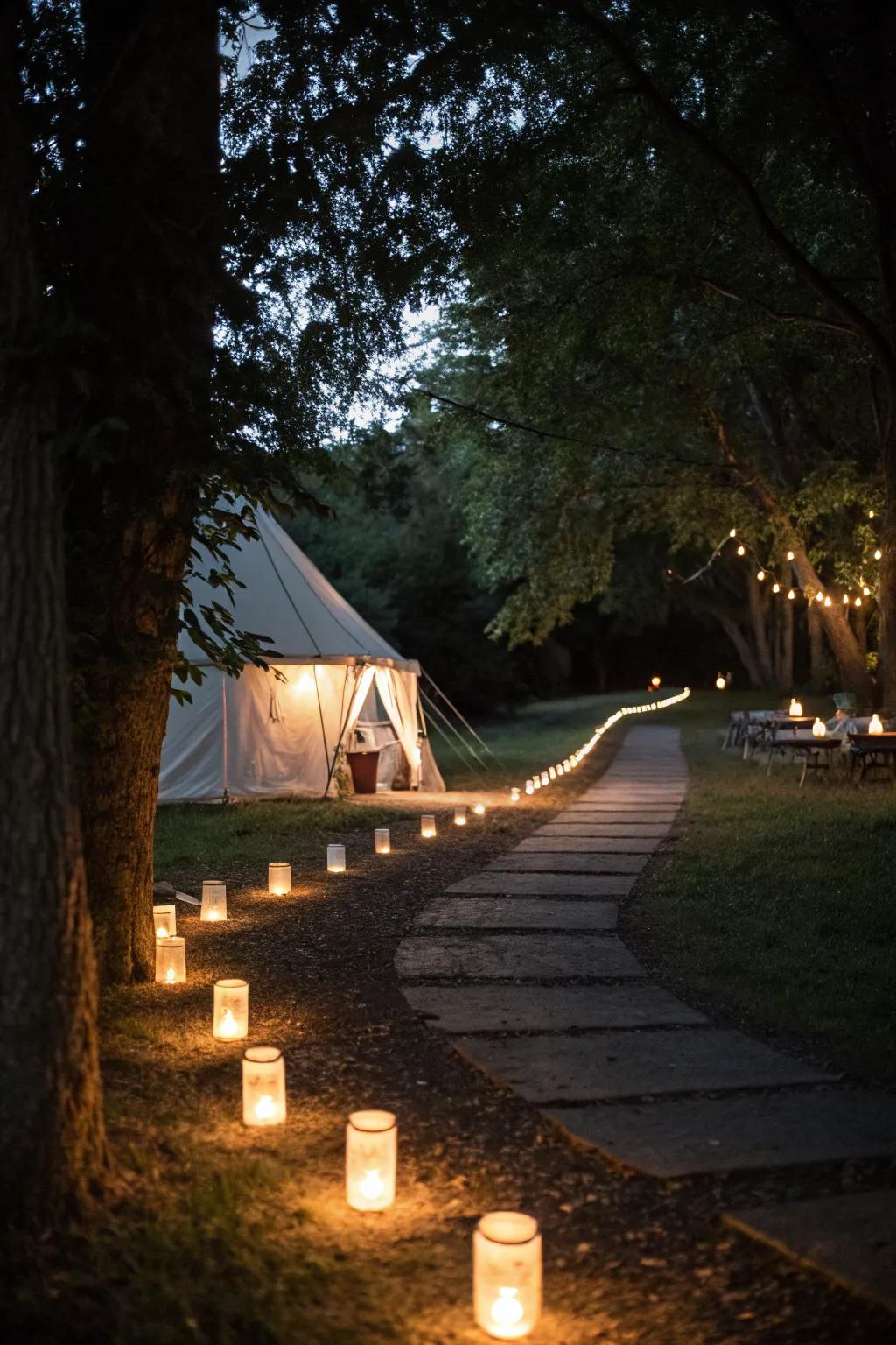 Luminaries create a magical, glowing pathway.