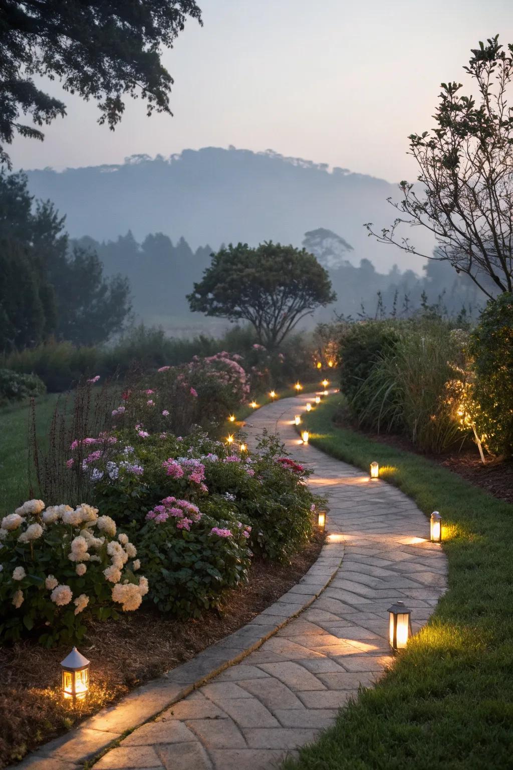 Creative lighting transforms garden paths by night.