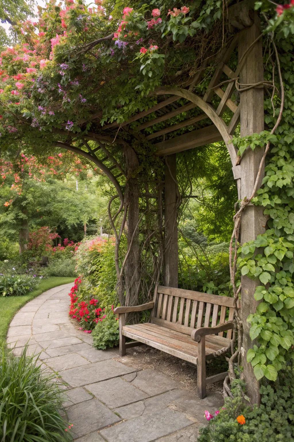 An arbor-framed bench that offers a serene garden retreat.