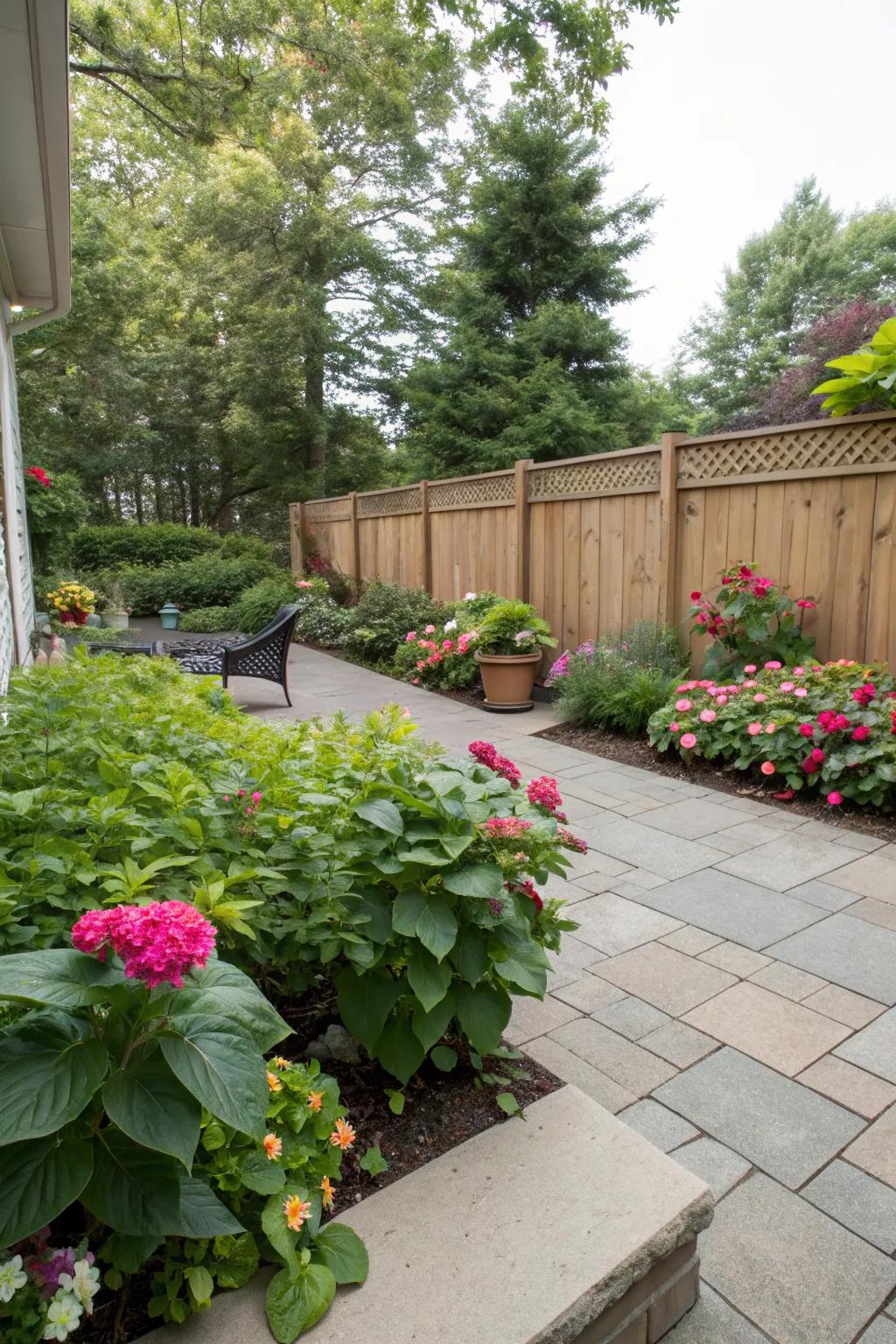 A patio gracefully bordered by a lush garden bed.