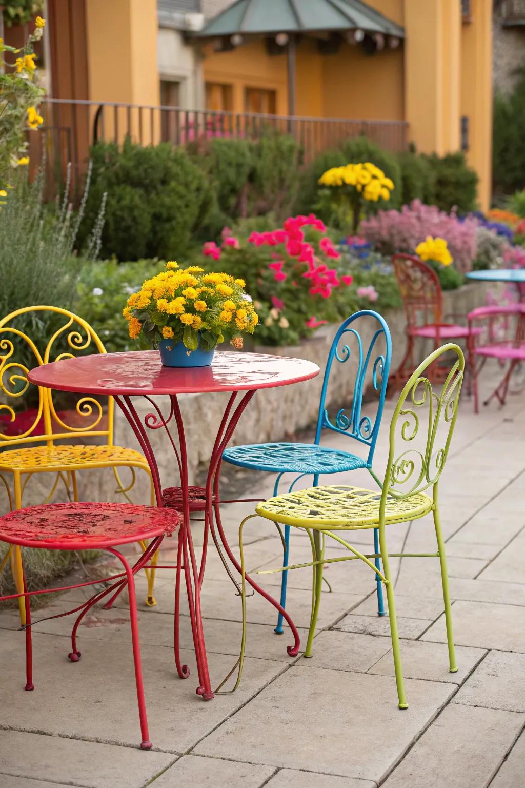 Playful painted metal chairs adding vibrant color to a lively patio setting.
