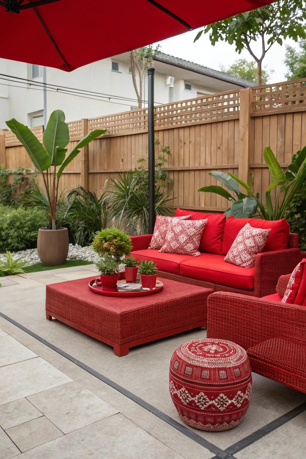 A bold patio design with daring red accents, creating a striking and conversation-worthy focal point.