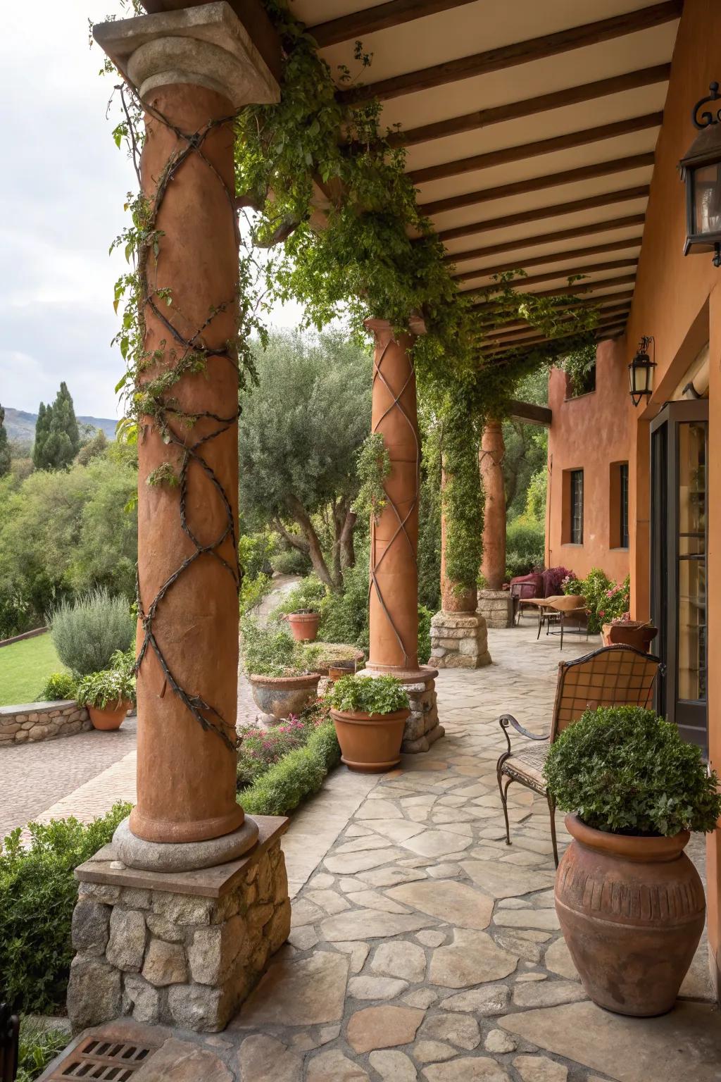 Terracotta columns offer a rustic Mediterranean vibe.