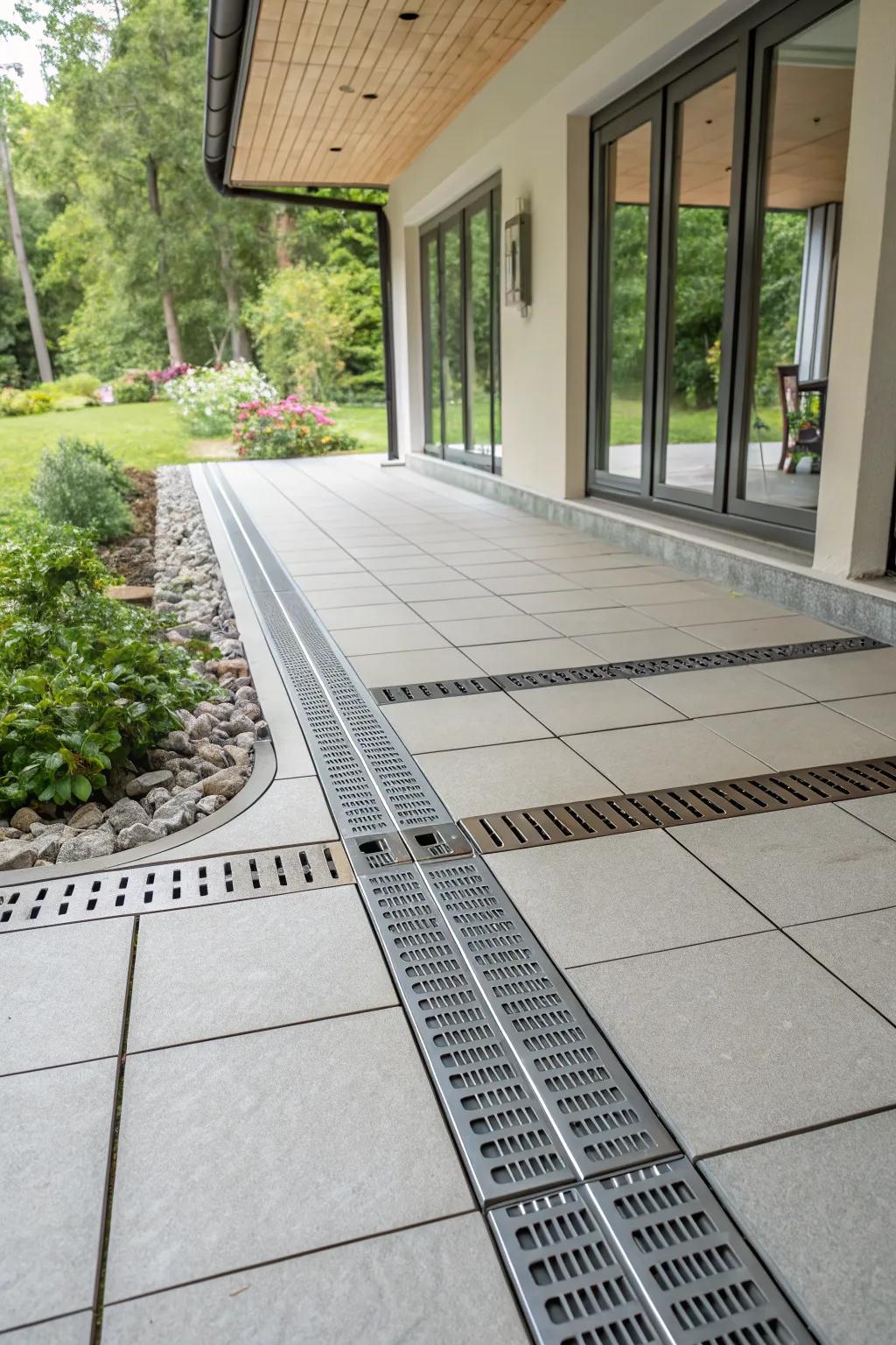 Vented tiles provide excellent drainage for rain-prone patio decks.