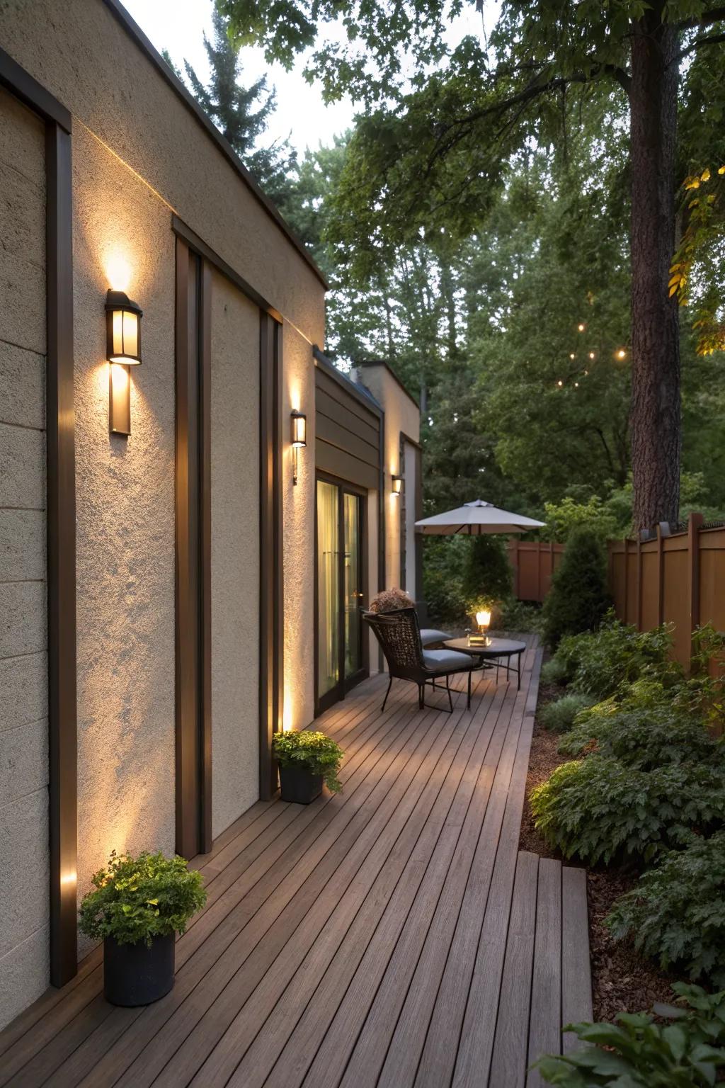 Wall sconces add elegance and highlight vertical surfaces.