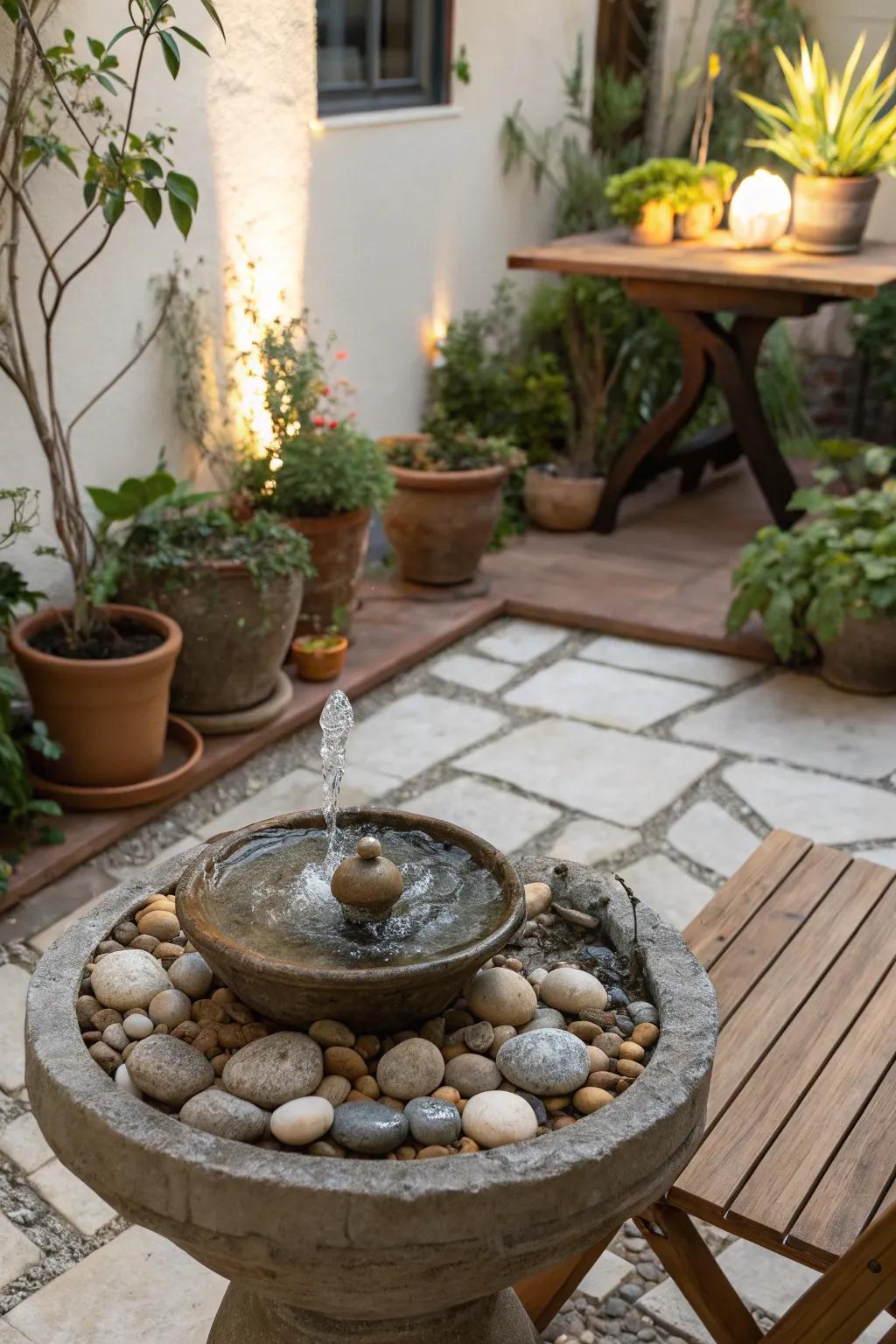 A small water feature adds a calming presence to your patio.