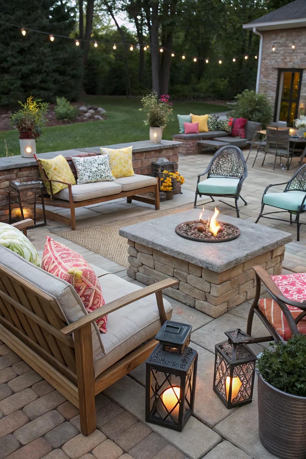An eclectic mix of seating styles around a fire pit for a unique outdoor space.