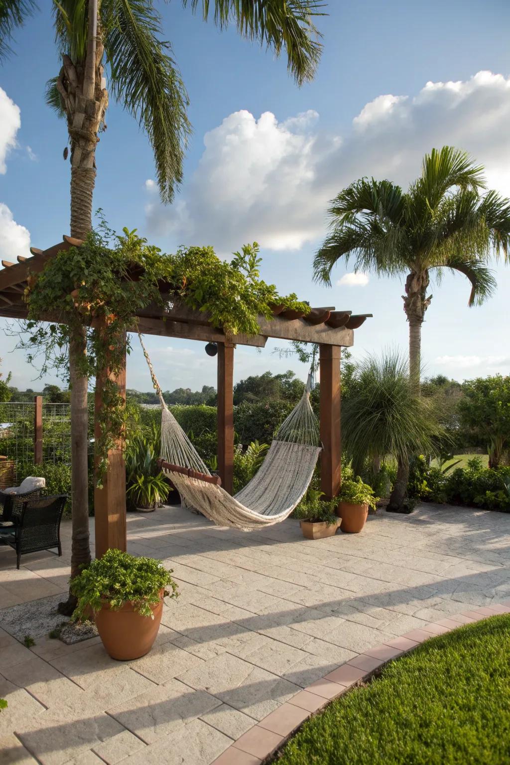 A relaxing hammock setup on a sun-kissed patio.