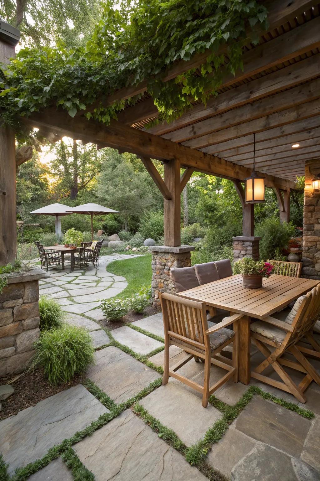 A rustic patio retreat with wooden and stone elements.