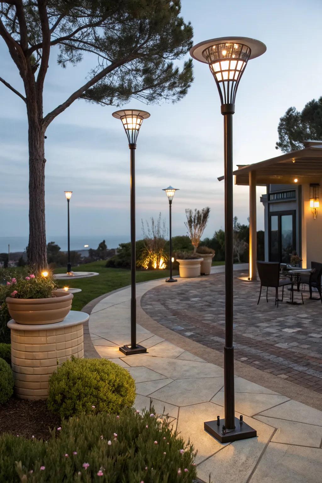 Multi-height light poles add visual interest and depth.