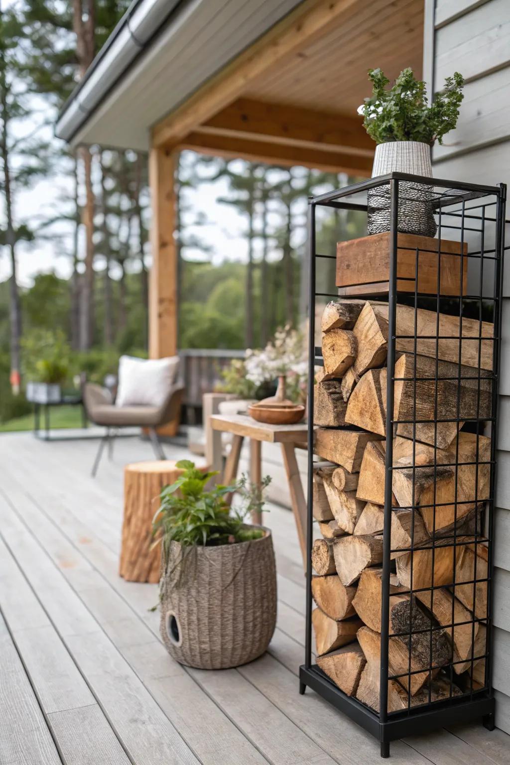 Firewood stored stylishly in a wire rack.